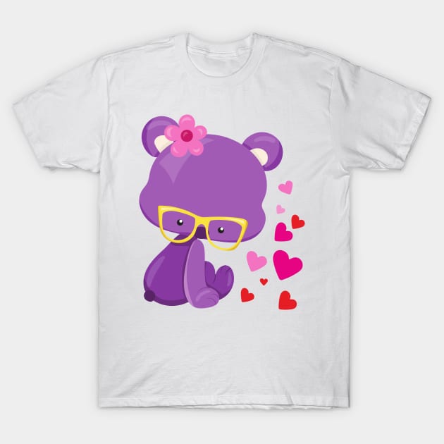 Valentine's Day Bear, Purple Bear, Glasses, Hearts T-Shirt by Jelena Dunčević